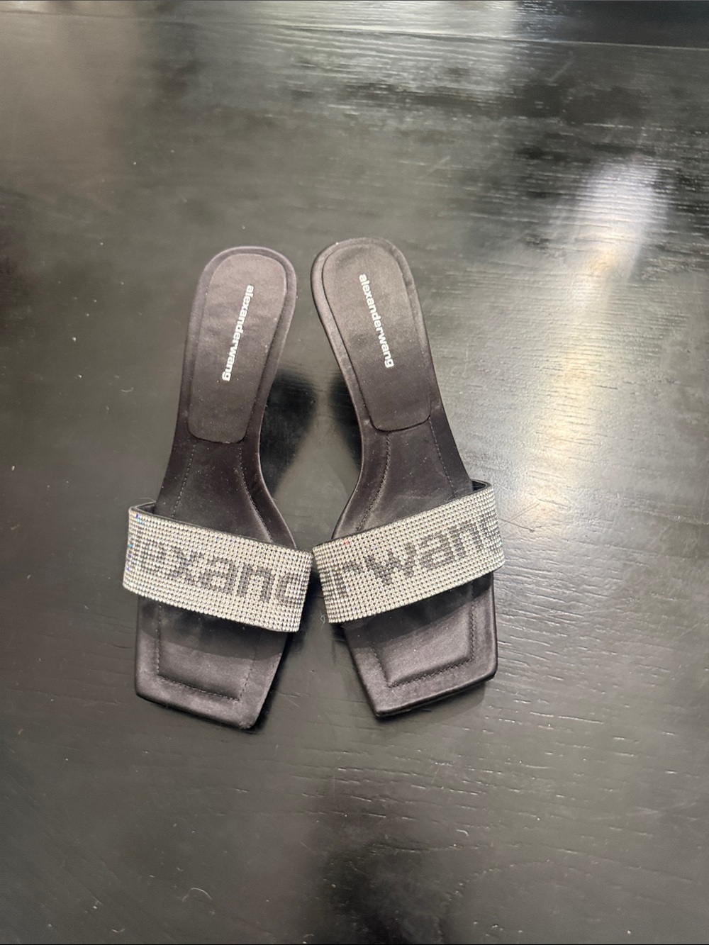 Alexander Wang Black Satin Slides with Crystal Logo Strap